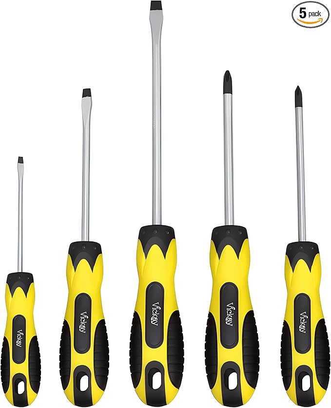 Vickay Magnetic Screwdriver Set,5 Pieces Slotted and Phillips Screwdriver with Ergonomic Comfortable Non-skid Handle,Permanent Magnetic Tips (Yellow)