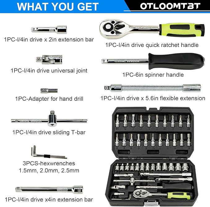 46 Pieces 1/4 Inch Drive Industrial Grade Socket Ratchet Wrench Set, with Bit Socket Set Metric and Extension Bar for Auto Repairing and Household, With Thickened Storage Case