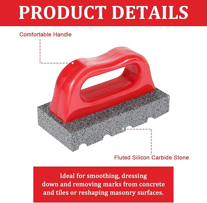 Red Rub Brick with Handle, Fluted 20-Grit Carbofrax Surface Concrete Tools Masonry Tools Smoothing Cleaning Removing Marks Tool (1 Pcs)