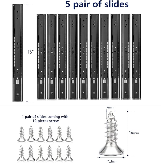 Ravinte 16 Inch Soft Close Drawer Slides 5 Pairs 10 Pack Black Full Extension Ball Bearing Drawer Glide Side Mount