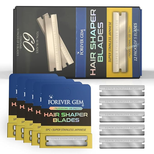 Japanese Stainless Steel Hair Shaper Blades | 60-Count Polymer Shaving Blades | Facial Hair & Eyebrow Trimmer for Men & Women | 12 Packs of 5, Silver