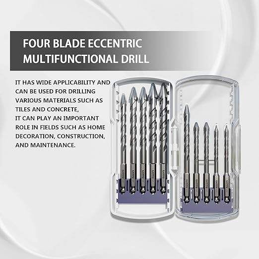 CATITO 10PCS Newly Upgraded Cross Eccentric Drill Bit Set, Hex-Shank Ceramic Tile Drill Bit, Professional Masonry Drill Bit Set, Suitable for Glass/Brick/Plastic/Cement/Wood/Ceramic Tiles/Etc