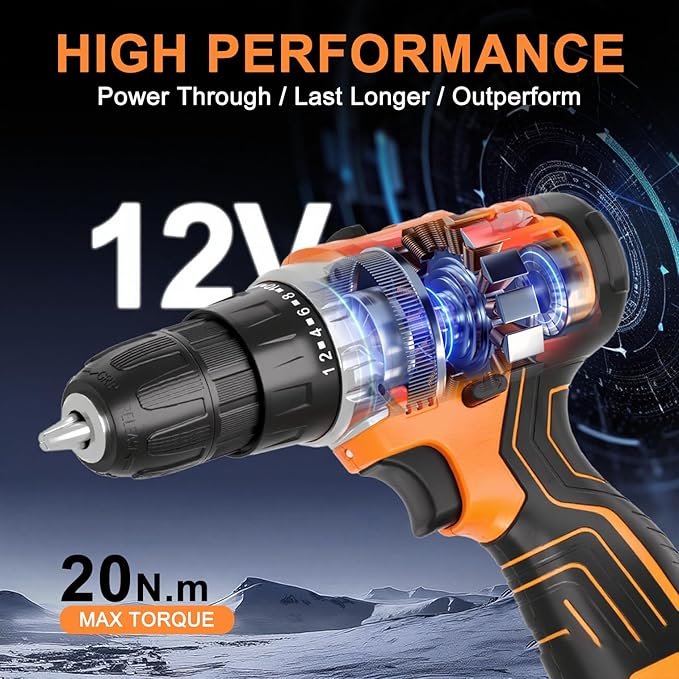 12V Cordless Electric Drill Driver Set, Powerful Lightweight Portable Rechargeable Screwdriver 42pcs Accessories,2-Speed, 24+1 Position for Wood/Wall Drilling & Screw Driving, Home DIY Tool woman man