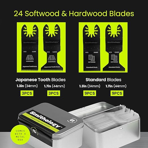 Smithology 24PCS Oscillating Saw Blades - 6 Japanese Tooth & 18 Standard Multi-Tool Blades for Wood, PVC & Plastic | Fits Dewalt, Milwaukee, Ryobi, Makita, Craftsman, Porter Cable, Ridgid, Rockwell