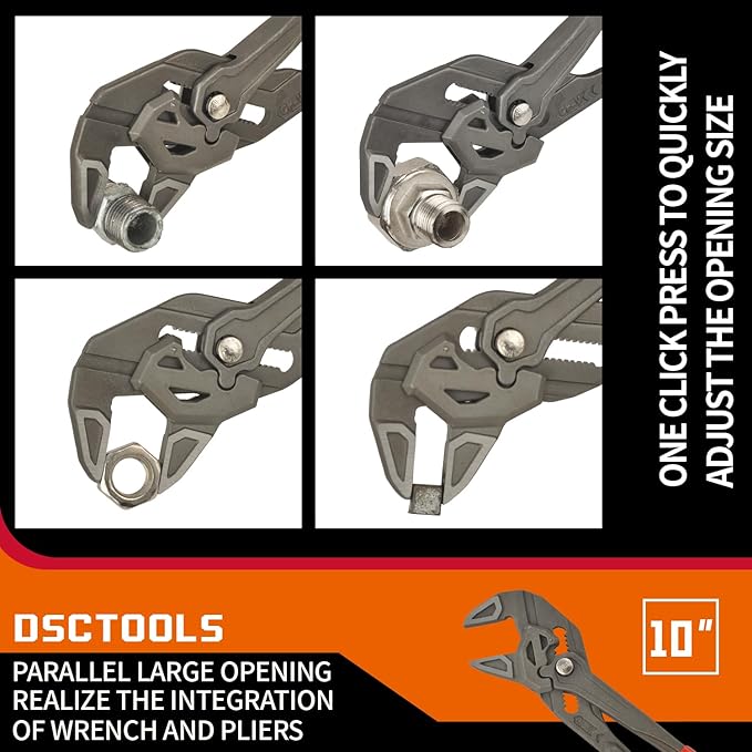 DSCTOOLS Multi-Use Adjustable Plier Wrench, Push Button Quick Adjust Tongue-and-Groove Pliers,Slip Joint Pliers, Plumbing Pliers (7/10/12Inch) (10"/250MM)