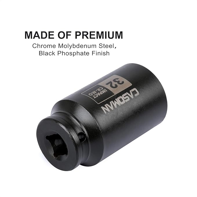 CASOMAN 1/2" Drive x 32 mm Deep 6 PT Impact Socket, CR-MO, 1/2-inch Drive 6 Point Axle Nut Socket for Easy Removal of Axle Shaft Nuts (32MM)