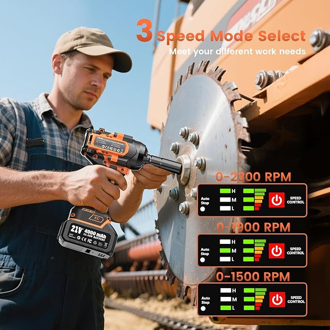 1500N.m Cordless Impact Wrench - 20V Max Brushless 1/2" Impact Gun with 2 x 4.0Ah Batteries & Fast Charger | Removes Stuck Truck Lug Nuts in Seconds | 3-Speed for Auto Repair & Heavy Duty DIY