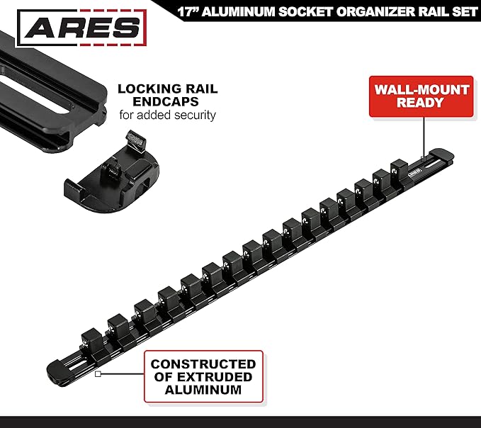 ARES 60123-3-Piece Black 17-Inch Aluminum Socket Rail Set with Locking End Caps - Includes 1/4-Inch, 3/8-Inch, and 1/2-Inch Drive Rails - Each Aluminum Rail Stores up to 16 Sockets