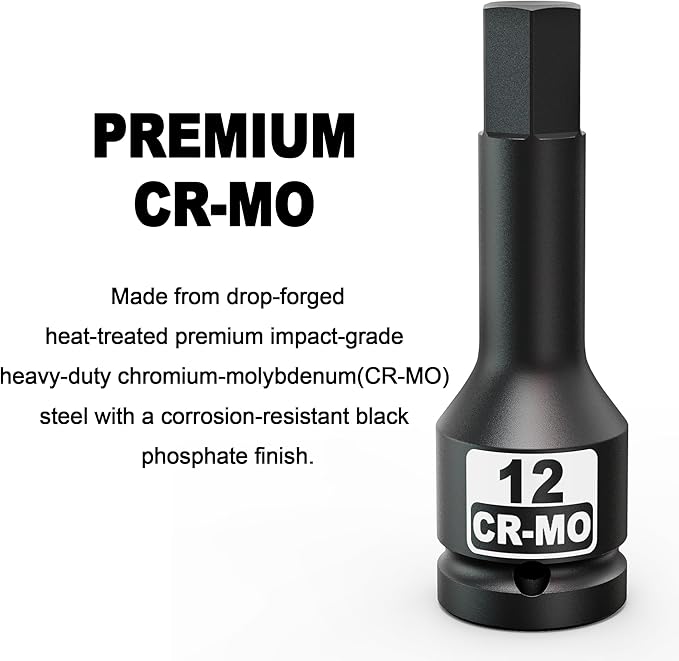 1/2" Drive 12 mm Hex Impact Bit Socket, H12 Allen Bit Socket, Metric, Cr-Mo Steel, Automotive Repair Industrial Maintenance and DIY Enthusiasts Alike