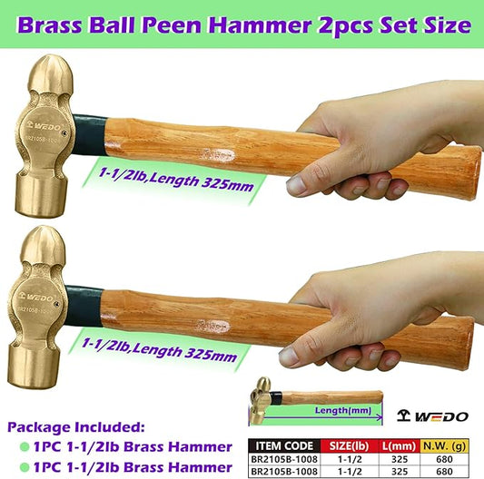 WEDO 2PCS Brass Ball Peen Hammer Set, 24 oz+24 oz(1-1/2lb+1-1/2lb), Brass Ball Pein Hammer Set with Wooden Handle, Die-Forged, Corrosion Resistant, DIN Standard
