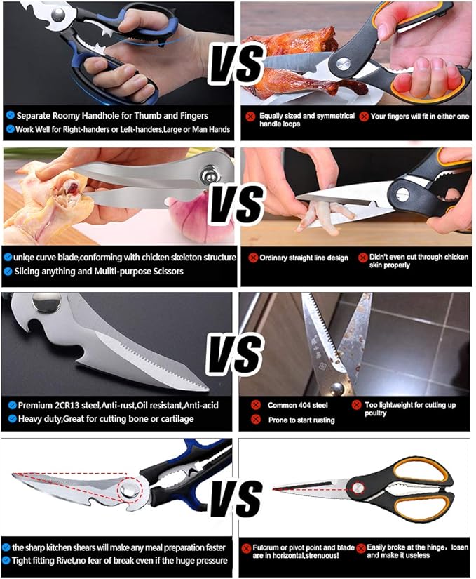 Heavy Duty Kitchen Shears with Unique Curve Blade, No Rust Cooking Knives Multi-purpose Poultry Shears, Scissors for Turkey Chicken Meat Bone Nuts Cardboard