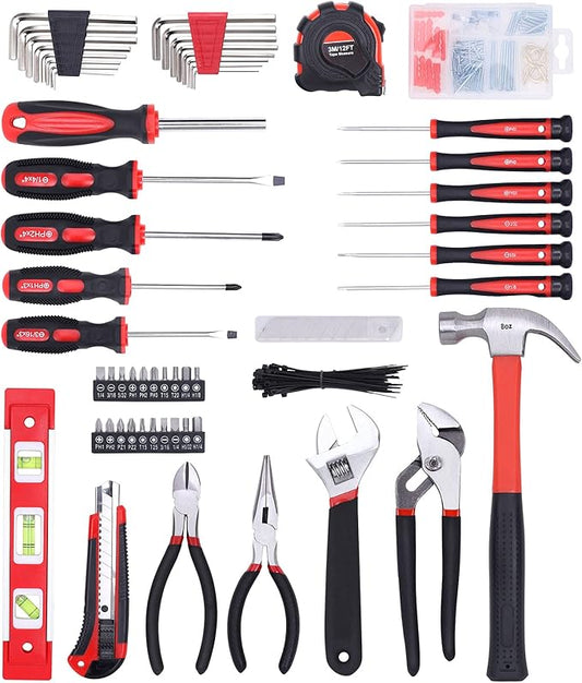 FASTPRO 215-Piece Home Repairing Tool Set with 12-Inch Wide Mouth Open Storage Bag,Household Hand Tool Kit,Red