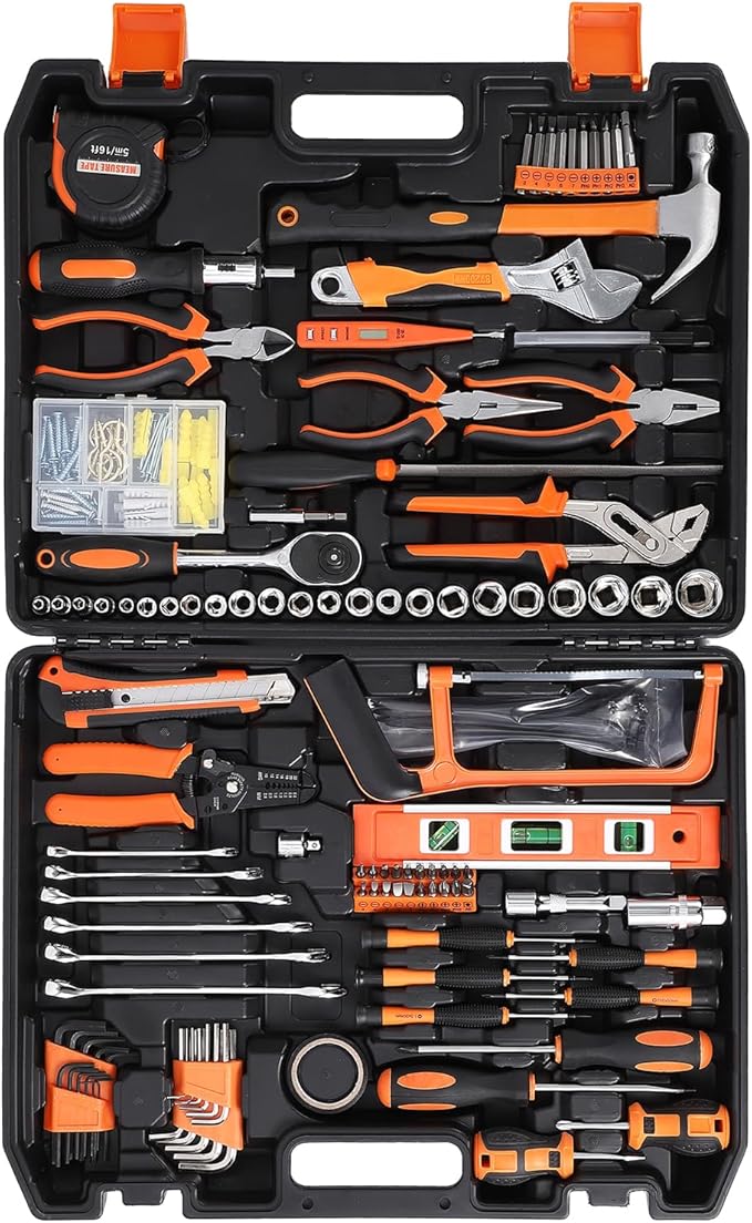 PrecisionAuto 236 Piece Home Repair Tool Kit, General Household Home Repair Tool Set with Socket Wrench, Mechanic Hand Tool Set with Plastic Toolbox Storage Case for DIY, Home Repair, Auto Repair