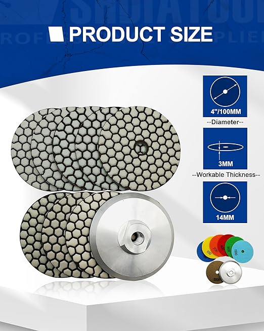 SHDIATOOL Dry Diamond Polishing Pads 4 Inch Set of 7 Pieces Plus Alu Backer for Granite, Marble, Stone Sanding and Grinding