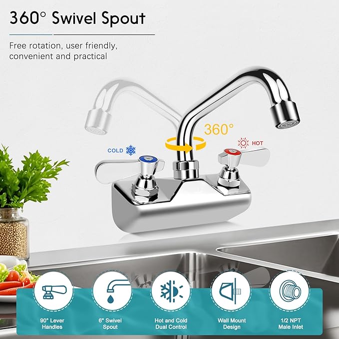 Leak-Free Commercial Sink Faucet 8" Swivel Spout, Wall Mount Kitchen Hand Sink Faucet with 4 Inch Center, 1/2" NPT Male Inlet, Brass Constructed & Chrome Polished, Dual Lever Handles