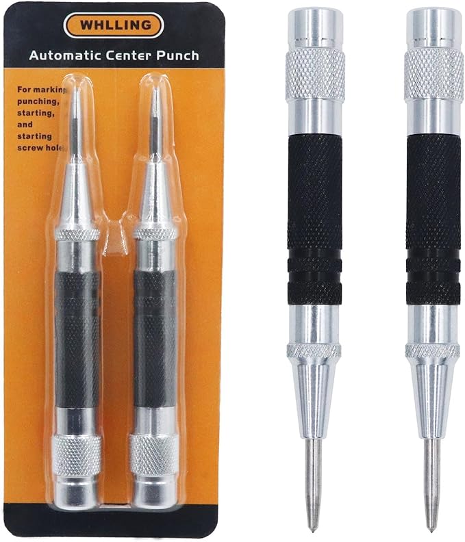 2-Piece Automatic Center Punch, 5 inch Spring Loaded Center Hole Punch with Adjustable Stroke Punch Tool for Metal Wood Glass Plastic, Metal Punch Tool for Woodworking