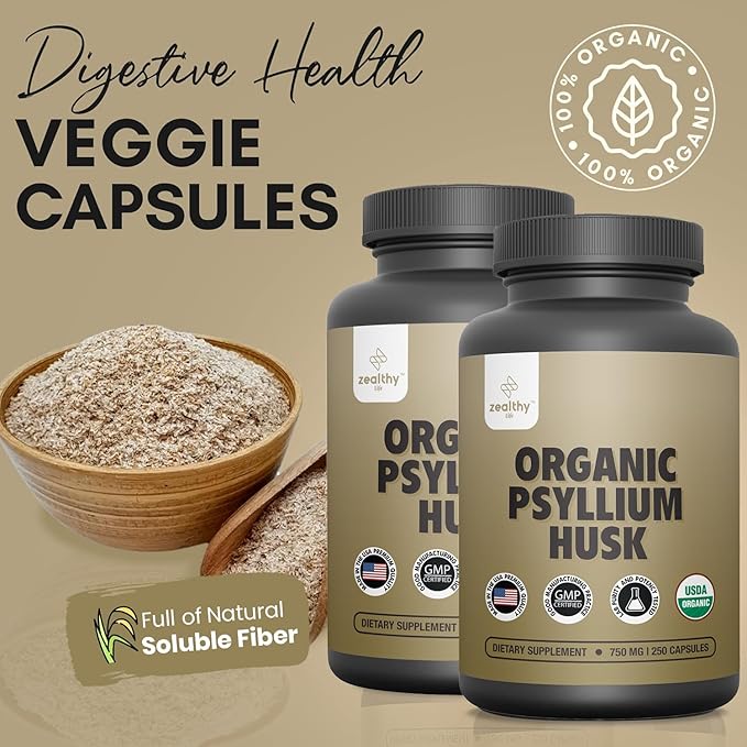 Organic Psyllium Husk Capsules 750 mg, Natural Fiber Supplement for Gut Health* - Alternative to Psyllium Husk Powder, Zealthy Life, 250 Capsules - Pack of 2