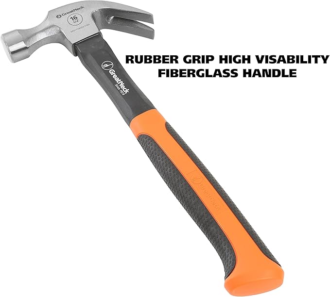 GreatNeck HG16C 16 Oz. Fiberglass Curved Claw Hammer, Household & Industrial Construction Hammer, Drive & Pry Nails, Frame a Home Addition, Fix a Leaky Roof, & More, Rugged Fiberglass Handle