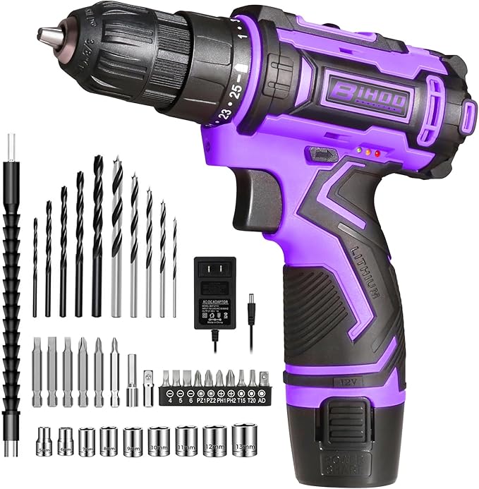 Purple 12V Cordless Drill,Electric Power Driver Kit,3/8-Inch Keyless Chuck, Variable Speed,with Drills Bits Set for Home DIY