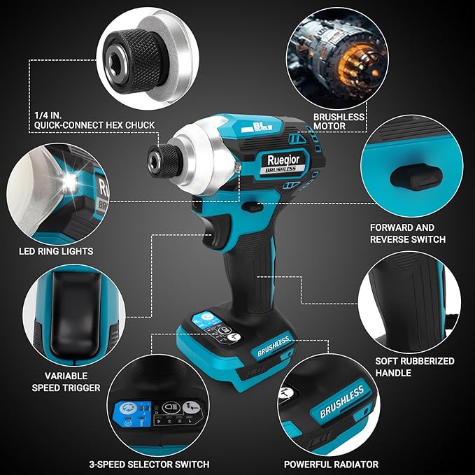 Cordless Impact Driver 1/4 inch for Makita 18v Battery, Brushless Driver 220Ft-lbs(300N.m), 3-Speed Lightweight Power Impact Drivers with LED Light(Tool Only)