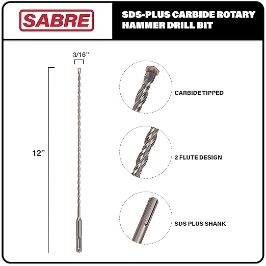 3/16 Inch x 12 Inch SDS Plus Rotary Hammer Drill Bit, Carbide Tipped for Brick, Stone, and Concrete (3/16" x 10" x 12")