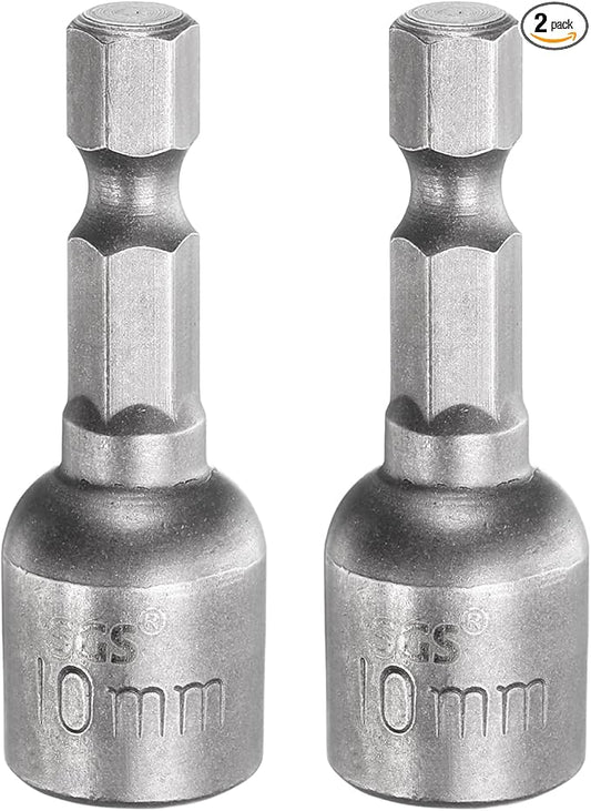 HARFINGTON 2pcs Nut Driver Drill Bit 10mm Metric Socket 1/4" Hex Shank 1.65" (42mm) Long Magnetic 6-Point Sockets Quick Change CR-V Steel Bolt Setters for Power Drill Drivers