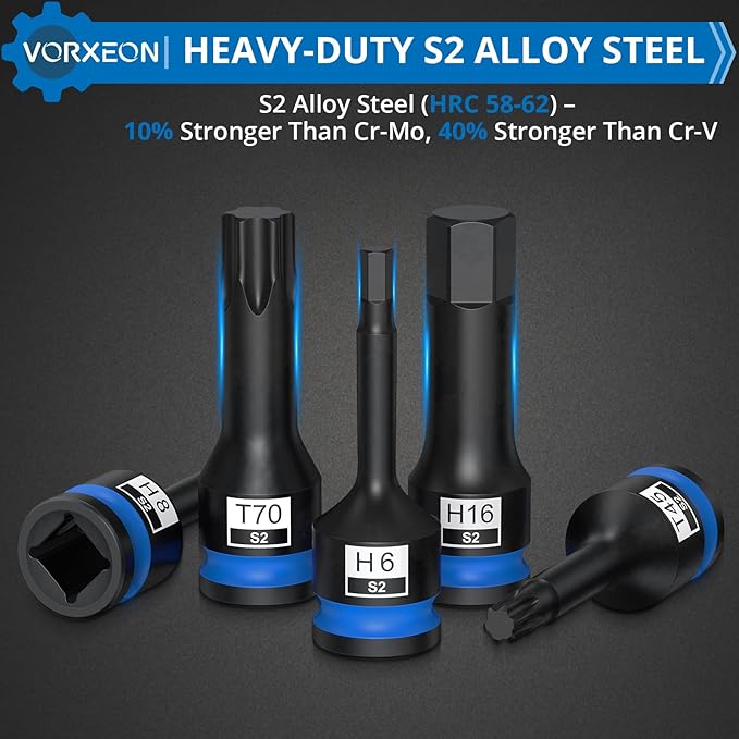 20 PCS Impact socket set Allen Hex and Torx Star Bit socket S2 Alloy Steel One-piece forged With Storage Case, 1/2" Drive 5mm-19mm T25 - T80