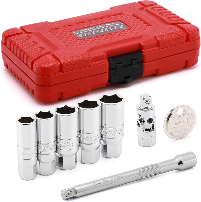 EMENTOL 8PCS 3/8" Drive Spark Plug Socket Set, SAE & Metric, 6-Point Socket Set, Universal Joint, 6-Inch Extension Bar, Spark Plug Gap Gauge