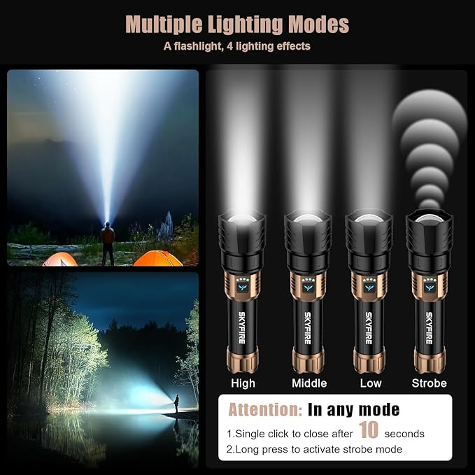 SKYFIRE Rechargeable Flashlights High Lumens,5000mAh Super Bright Flashlight Waterproof Powerful LED Tactical Flash Light for Camping Essentials Outdoor Home&Gifts