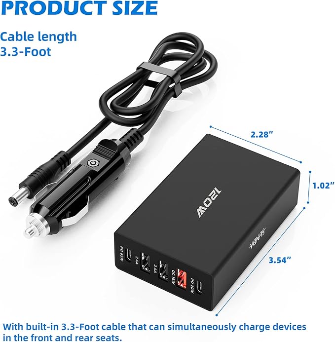 SUNDA 5 Multi Ports USB C Car Charger, 120W Fast Car Charger Adapter, Dual Type C PD 65W Compatible with iPhone17/16 Pro/Max/iPhone15/Pad Pro/Galaxy/Samsung, 3-Ports USB-A 35W QC3.0 for Android(Black)