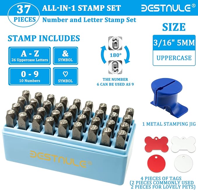 BESTNULE Metal Stamping Kit, Number and Letter Stamp Set (A-Z, 0-9 and &, Love Symbol), Industrial Grade Hardened Carbon Steel, Perfect for Imprinting Metal, Wood, Plastic, Leather(3/16", 5MM)