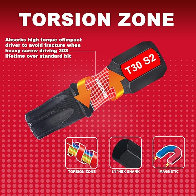 15 Pieces T30 Impact Tough Magnetic Screwdriver Bit Set, 1 In. #30 Torx Head Insert Bit Set, S2 Alloy Steel T30 Star Bit Set