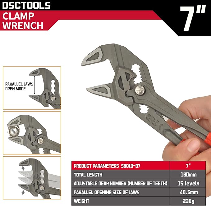 DSCTOOLS Multi-Use Adjustable Plier Wrench, Push Button Quick Adjust Tongue-and-Groove Pliers,Slip Joint Pliers, Plumbing Pliers (7/10/12Inch) (7"/175MM)