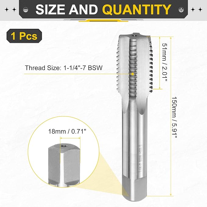 uxcell Hand Plug Tap 1-1/4"-7 BSW 2B Thread Plug Style Taps Straight Flute Screw Tapping Threading Tool High Speed Steel HSS6542
