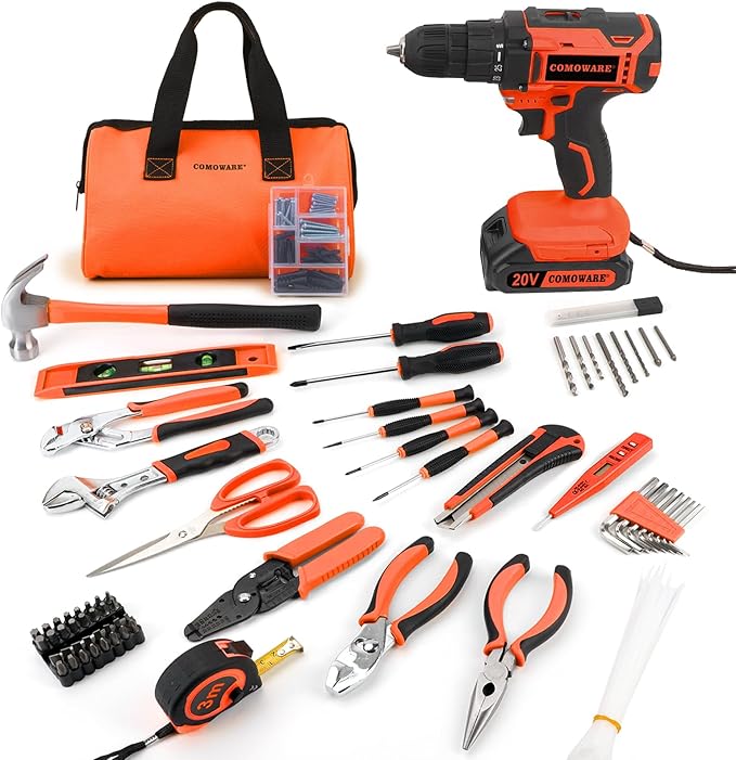 COMOWARE 20V Cordless Drill Set, 171Pcs Home Tool Set with Cordless Drill Driver, Complete Repair Tool Kit for Men, Storage Bag, Ideal for Office, Garden, DIY Project
