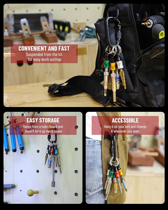 Katerk Bit holder Keychain Light-weight Extra 2 Black Carabiners Portable 6 pcs 1/4 inch Hex Shank Drill Screw Adapter Quick-change Screwdriver Electrician