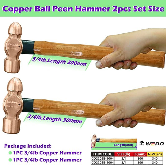 WEDO 2-Piece Copper Ball Peen Hammer Set, 12 oz + 12 oz(3/4lb+3/4lb), Ball Pein Hammer with Wooden Handle, Die-Forged, Corrosion Resistant, DIN Standard