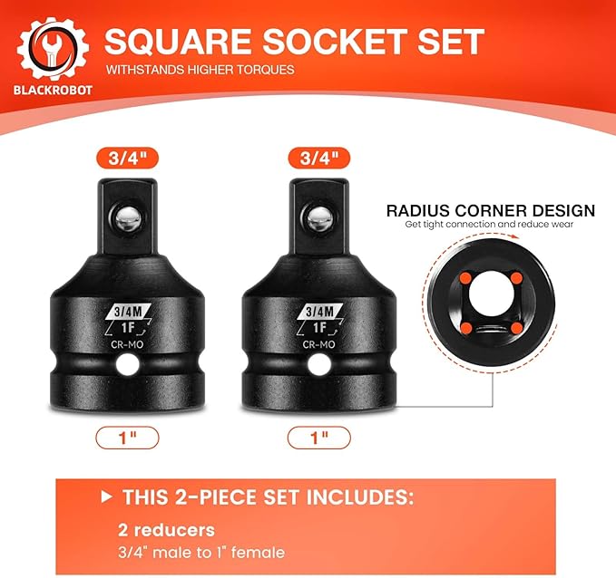 BLACKROBOT 2 Pieces 1??F To 3/4??M Impact Socket Adapter Set, SAE Drive Cr-Mo Steel Exceeds ANSI Standards, Square Drive Socket Reducer for Impact Driver Wrench