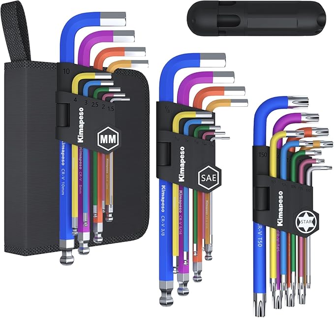 27 PCS Allen Key Set Torx SAE Metric Allen Wrenches Set Long Arm Ball End Hex Key Wrench Sets with T-Handle L-Hex Key Set Metric 1.5 to 10mm SAE 1/16 to 3/8??Torx T10 to T50