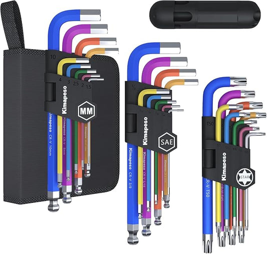 27 PCS Allen Key Set Torx SAE Metric Allen Wrenches Set Long Arm Ball End Hex Key Wrench Sets with T-Handle L-Hex Key Set Metric 1.5 to 10mm SAE 1/16 to 3/8??Torx T10 to T50