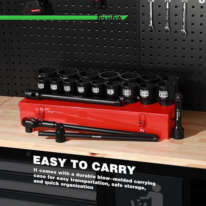 1" Drive Jumbo Shallow Impact Socket Set, 21-Piece Jumbo Assortment, SAE, 1-5/8 Inch to 3-1/8 Inch, CR-MO Steel, Ratchet, Extension Bar and Metal Case