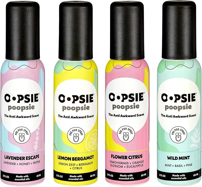 Oopsie Poopsie Toilet Spray - 4 Scents, Portable Original Odor Deodorizer Scents - Poop Spray for Toilet | Citrus, Lavender, Mint & Lemon Pre Poo Air Freshener Spray, 2oz Travel Size Bottles