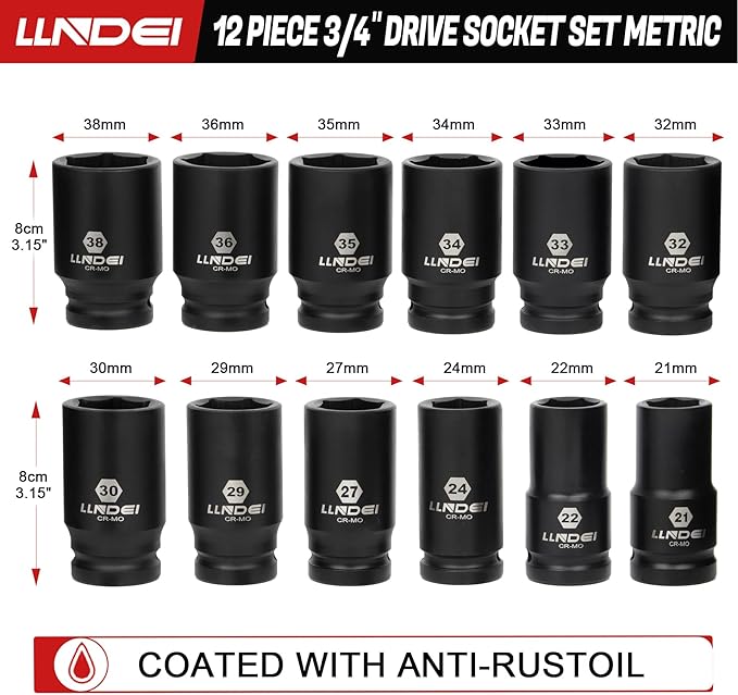LLNDEI 3/4 inch Drive Impact Socket Set, 12 Piece Heavy Duty CR-MO Deep/Jumbo Sockets 6 Point Design, Metric 21mm-38mm, for Large Vehicle and Apparatus Maintenance