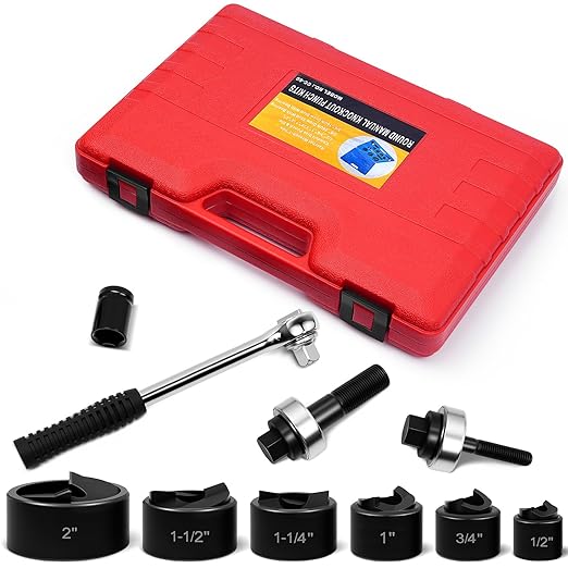 Knockout Punch Kit, 6 Size (7/8" to 2-7/16") Forged Alloy Steel, Conduit Hole Punch Set with 3/4" to 2" NPT Adapters, High Hardness for Electrical Metallic Conduits