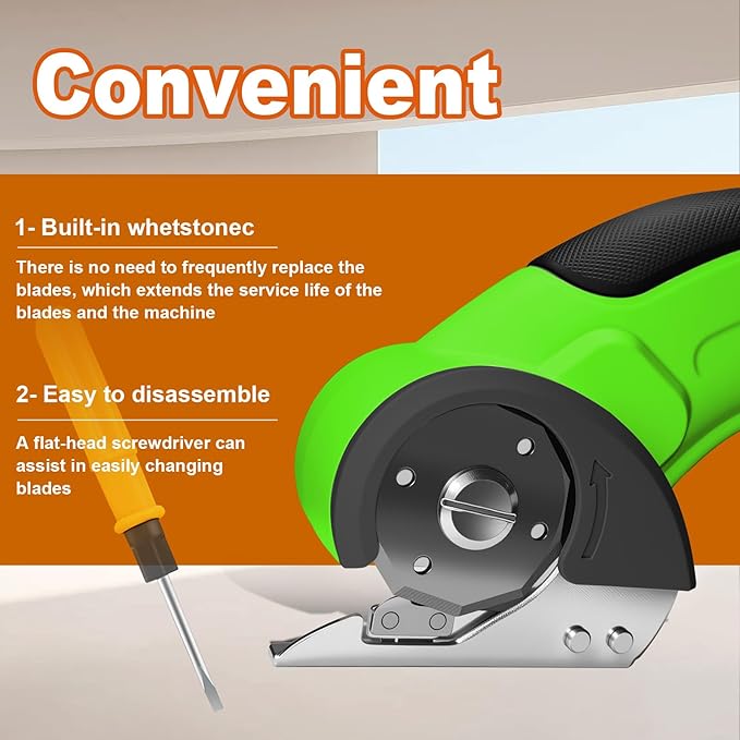 Cordless Electric Scissors Rechargeable with 2-Blade & Storage Bag, Powerful Rotary Cardboard Box Cutter 3.7V 2000mAh for Cloth Carpet Plastic Leather, Charging Cable(Green)