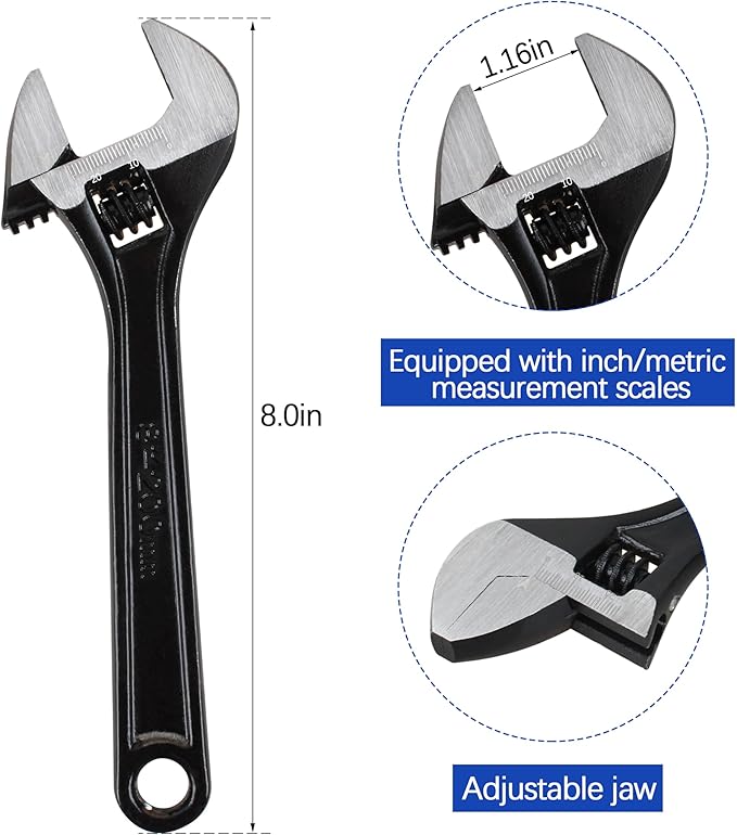 CNGGV 8" Adjustable Wrench Fits for Automotive Plumbing and Home Improvement