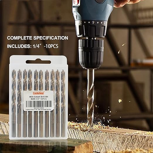 Luckyway 1/4" M35 Cobalt Drill Bits 10-Piece, Jobber Length Twist Drill Bit Set for Hard Metal, Stainless Steel, Cast Iron, Wood and Plastic, with Storage Case