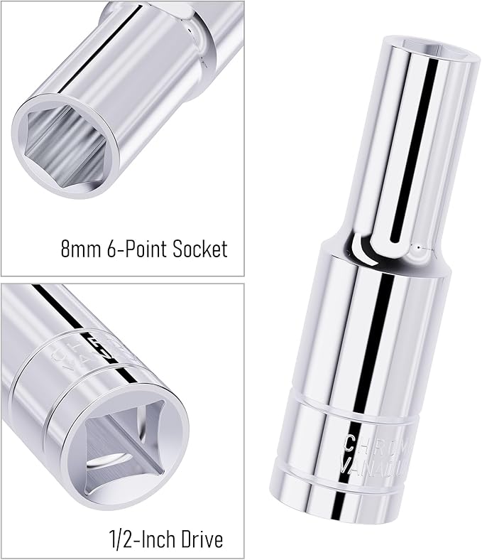 8mm Deep Socket, 1/2 Inch Drive, 6-Point, Metric, Heat Treated CR-V Steel Sockets, Full Polishing, 3.1 Inch Length