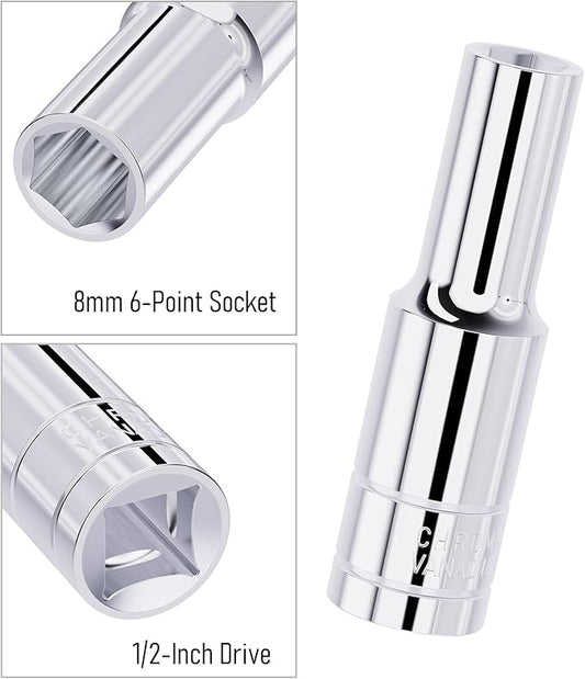 8mm Deep Socket, 1/2 Inch Drive, 6-Point, Metric, Heat Treated CR-V Steel Sockets, Full Polishing, 3.1 Inch Length