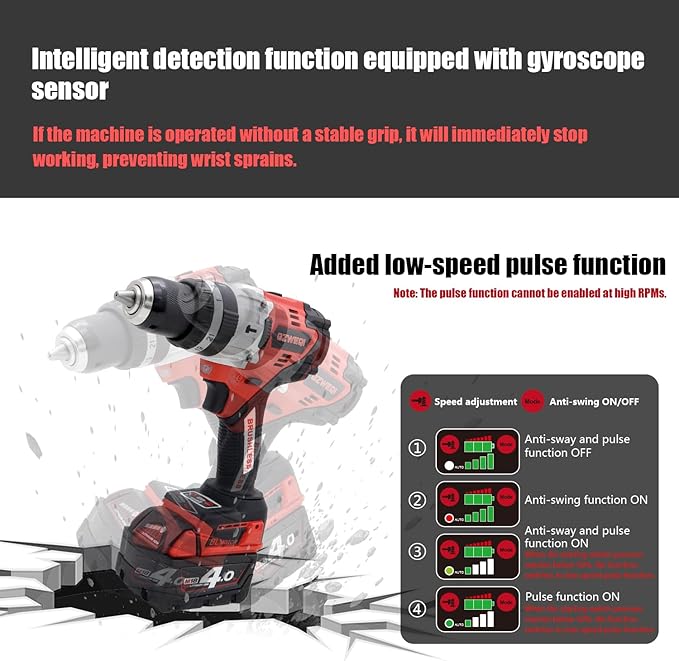 18V Brushless Heavy-duty Impact Drill,122 ft-lb(165Nm), 31500 IPM, 1/2" Keyless Metal Chuck, 20+1+1 Clutch, Cordless Hammer Drill Kit for Drilling Brick Wall, Metal, Wood
